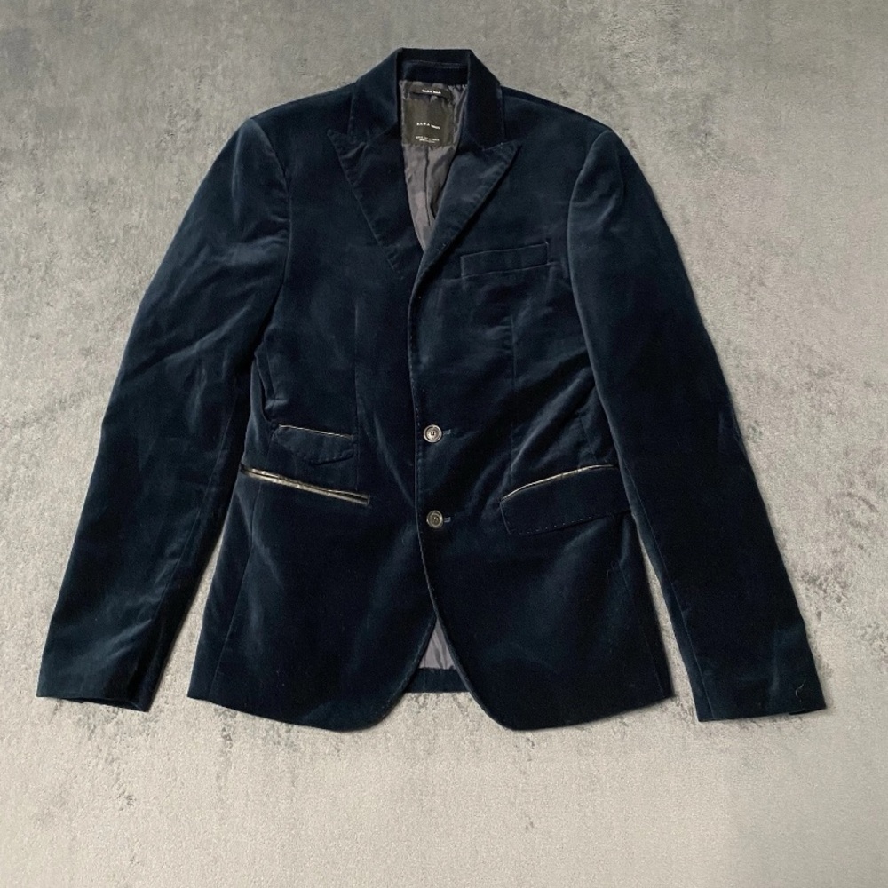 Zara Man Velvet Blazer Mens 36 Teal Sport Coat 2 Button Casual Jacket Slim Suit